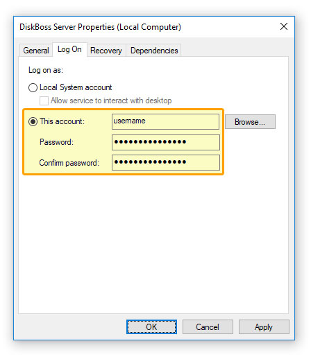 DiskBoss Server Service User Account