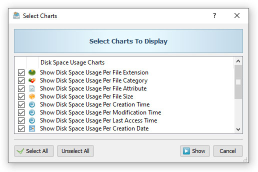 DiskBoss Disk Space Analysis Slides Select Charts